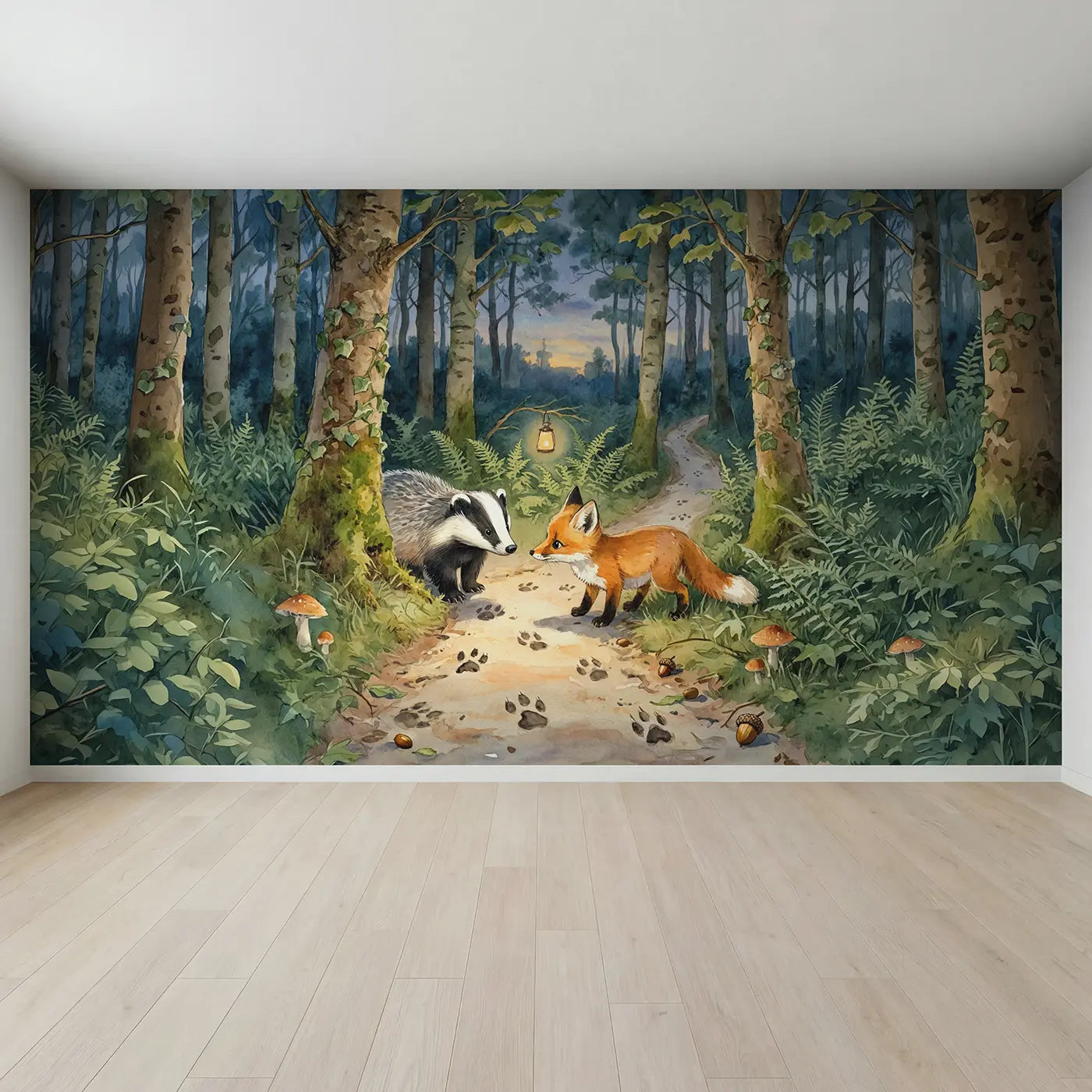 Full view of Woodland Path Friends Meeting Wallpaper Mural by Whimsy Tots