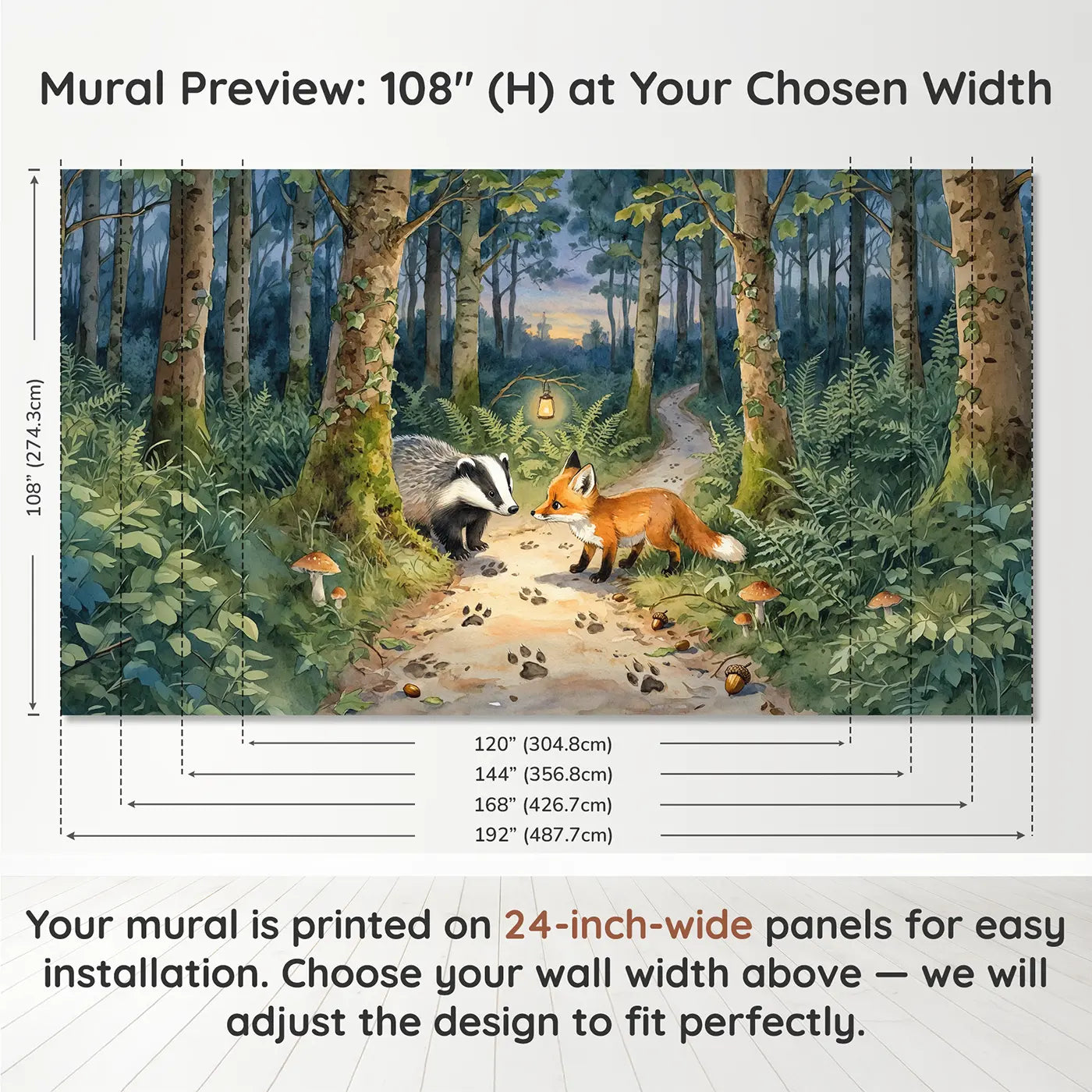 Panel layout and dimensions for Woodland Path Friends Meeting Wallpaper Mural by Whimsy Tots