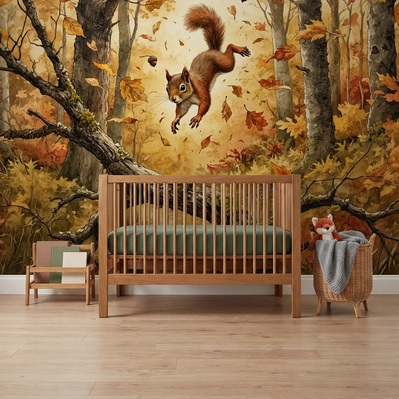 Storybook leaping autumn squirrel wallpaper mural for nursery by Whimsy Tots