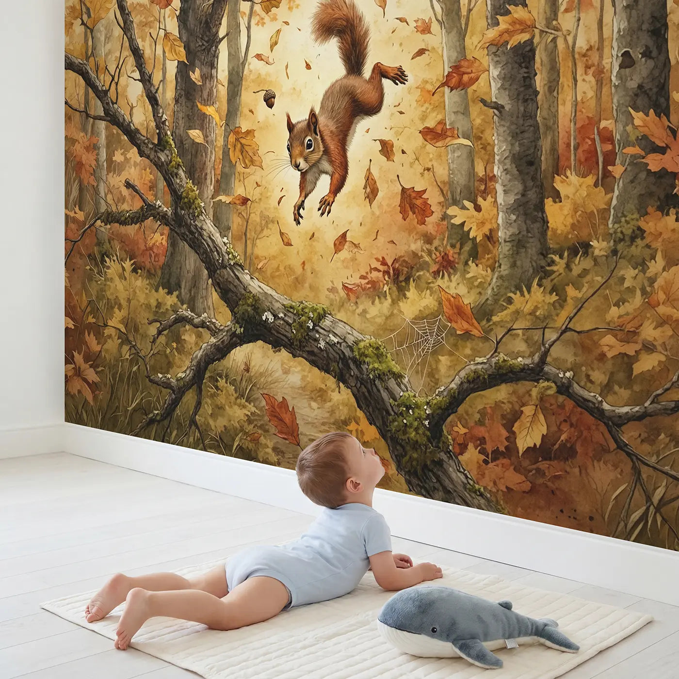 Child in nursery with Leaping Autumn Squirrel Wallpaper Mural by Whimsy Tots