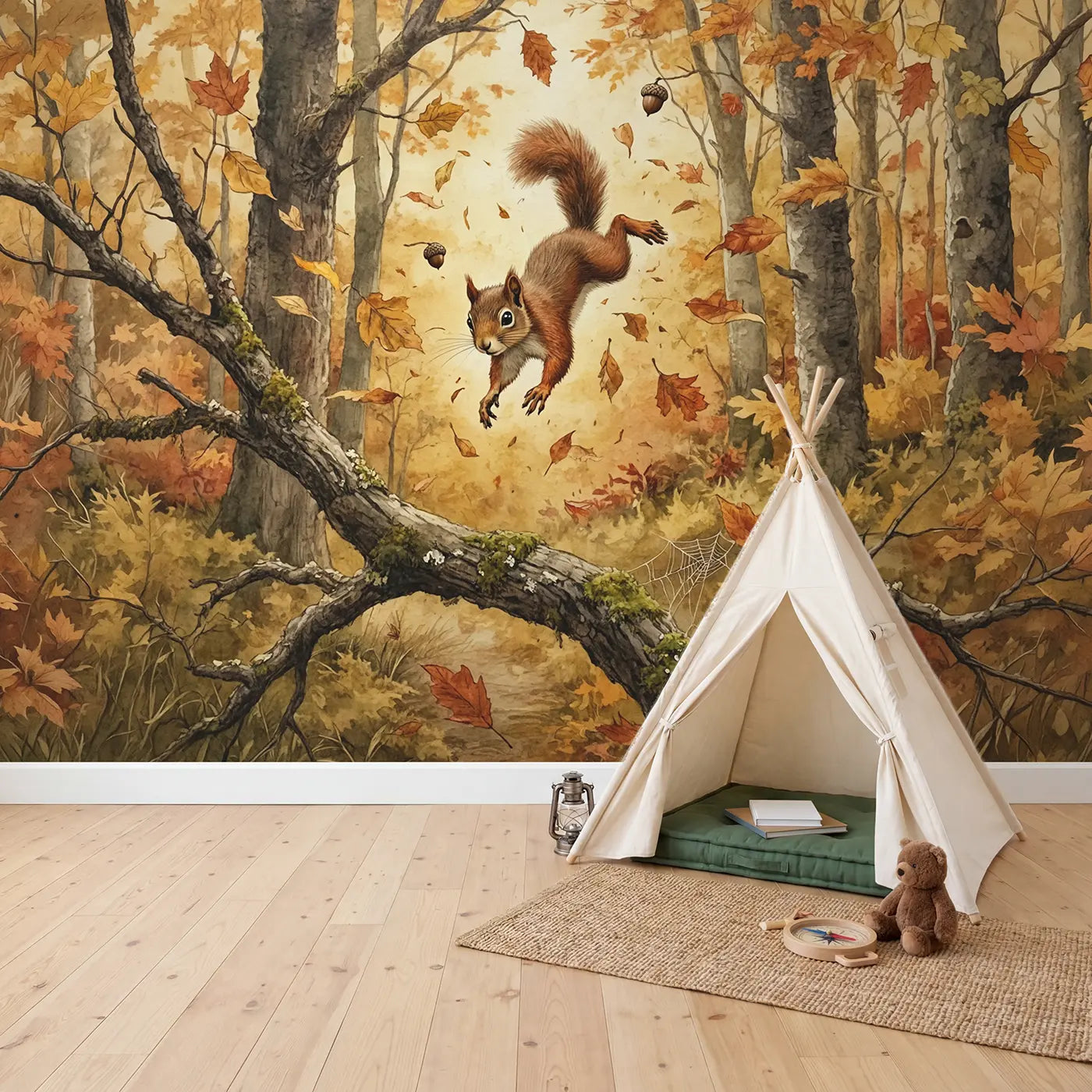 Leaping Autumn Squirrel Wallpaper Mural in playroom setting by Whimsy Tots