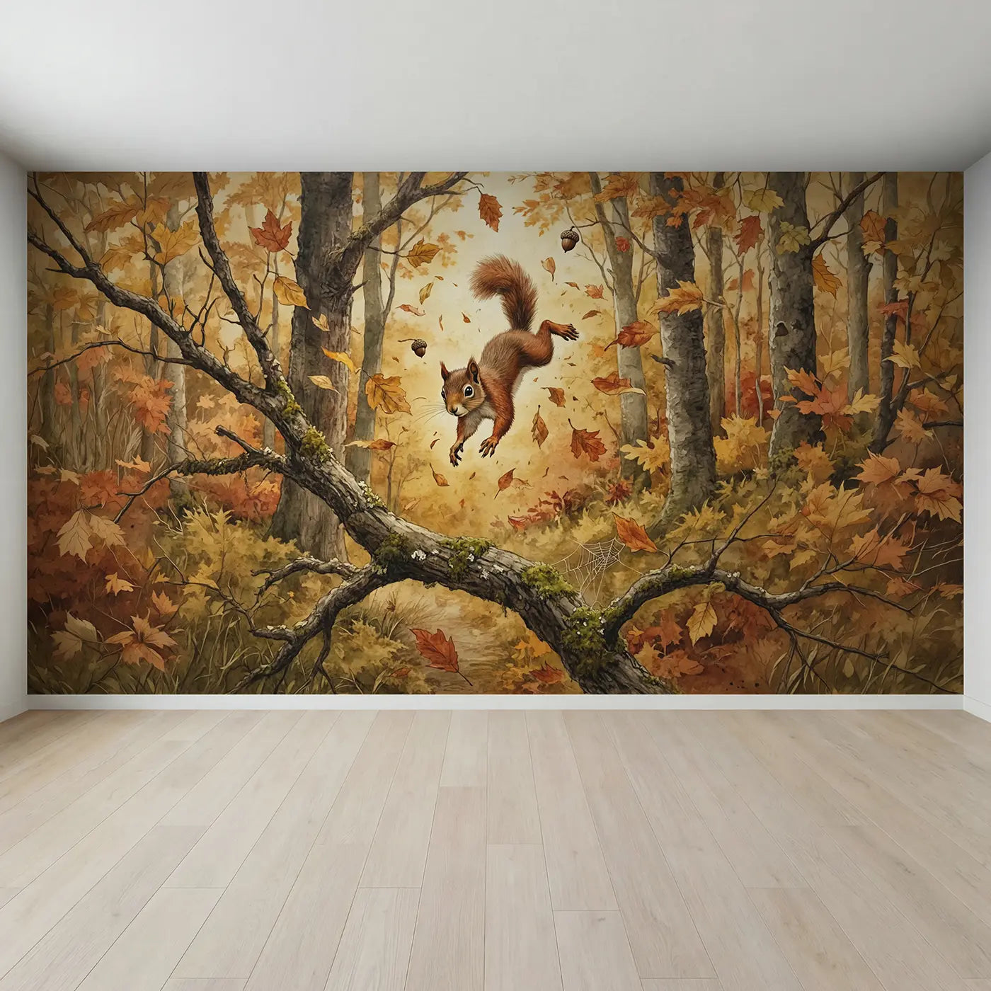 Full view of Leaping Autumn Squirrel Wallpaper Mural by Whimsy Tots