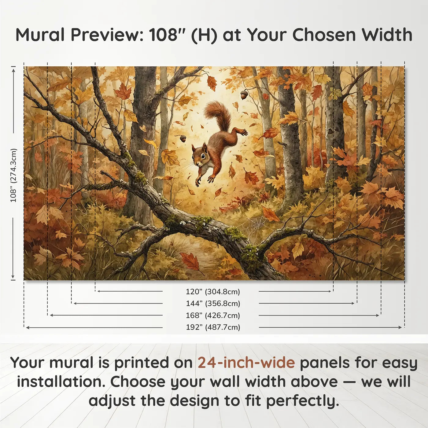 Panel layout and dimensions for Leaping Autumn Squirrel Wallpaper Mural by Whimsy Tots