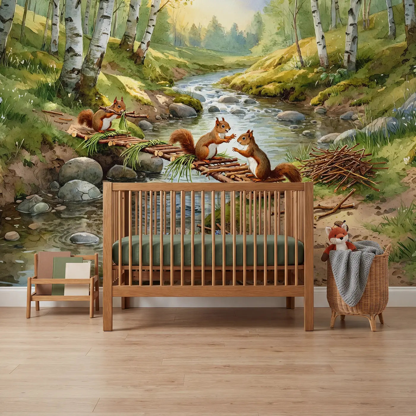 Watercolor squirrel bridge brook woodland wallpaper mural for nursery by Whimsy Tots