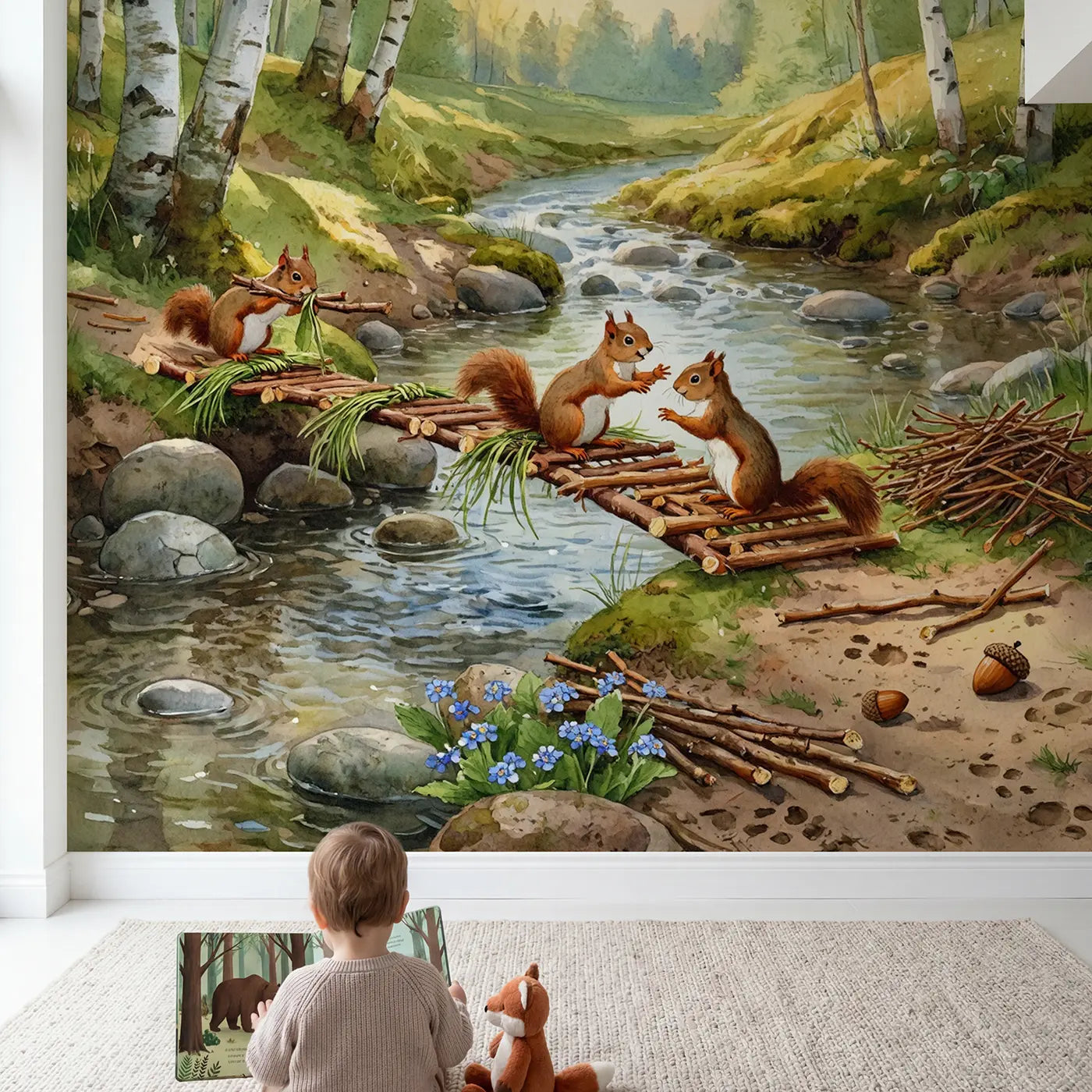 Child in nursery with Squirrel Bridge Builders Brook Wallpaper Mural by Whimsy Tots