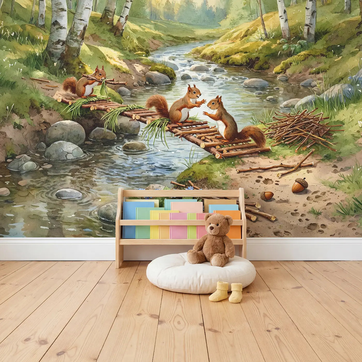 Squirrel Bridge Builders Brook Wallpaper Mural in playroom setting by Whimsy Tots