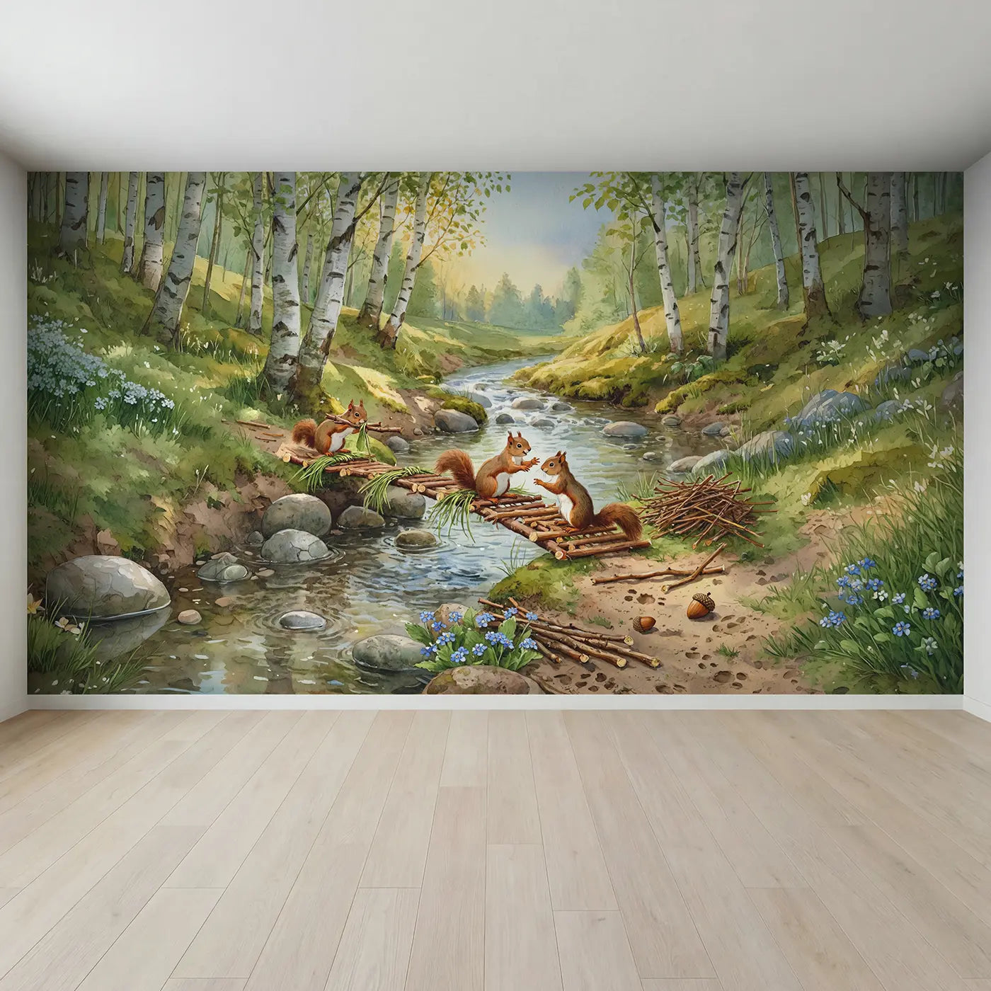 Full view of Squirrel Bridge Builders Brook Wallpaper Mural by Whimsy Tots