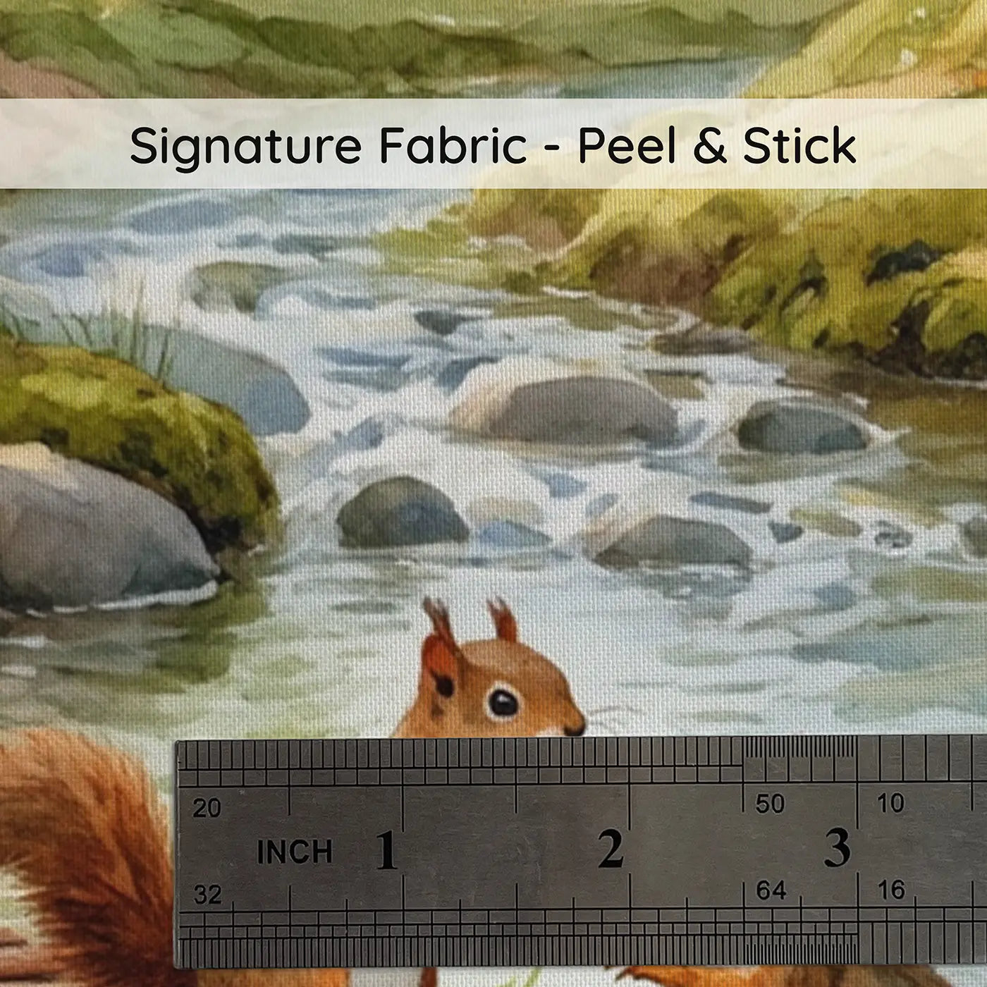 Fabric texture close-up of Squirrel Bridge Builders Brook Wallpaper Mural by Whimsy Tots
