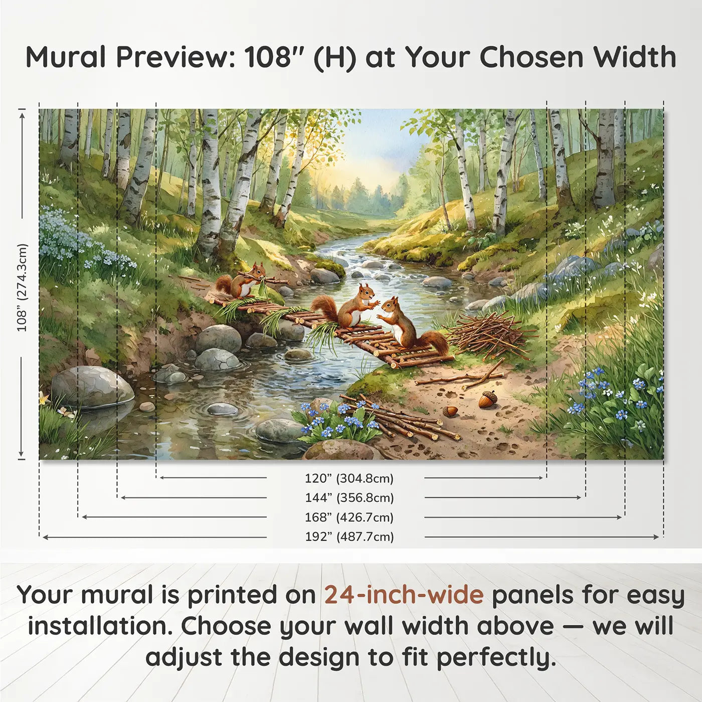 Panel layout and dimensions for Squirrel Bridge Builders Brook Wallpaper Mural by Whimsy Tots