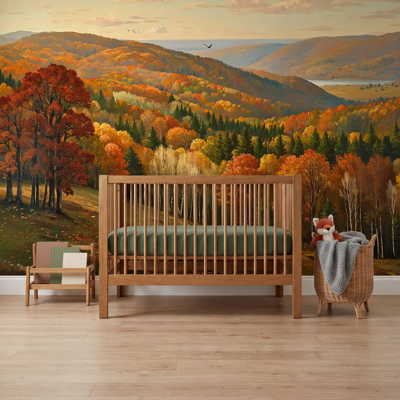 Painted landscape autumn oak birch forest wallpaper mural for kids room by Whimsy Tots