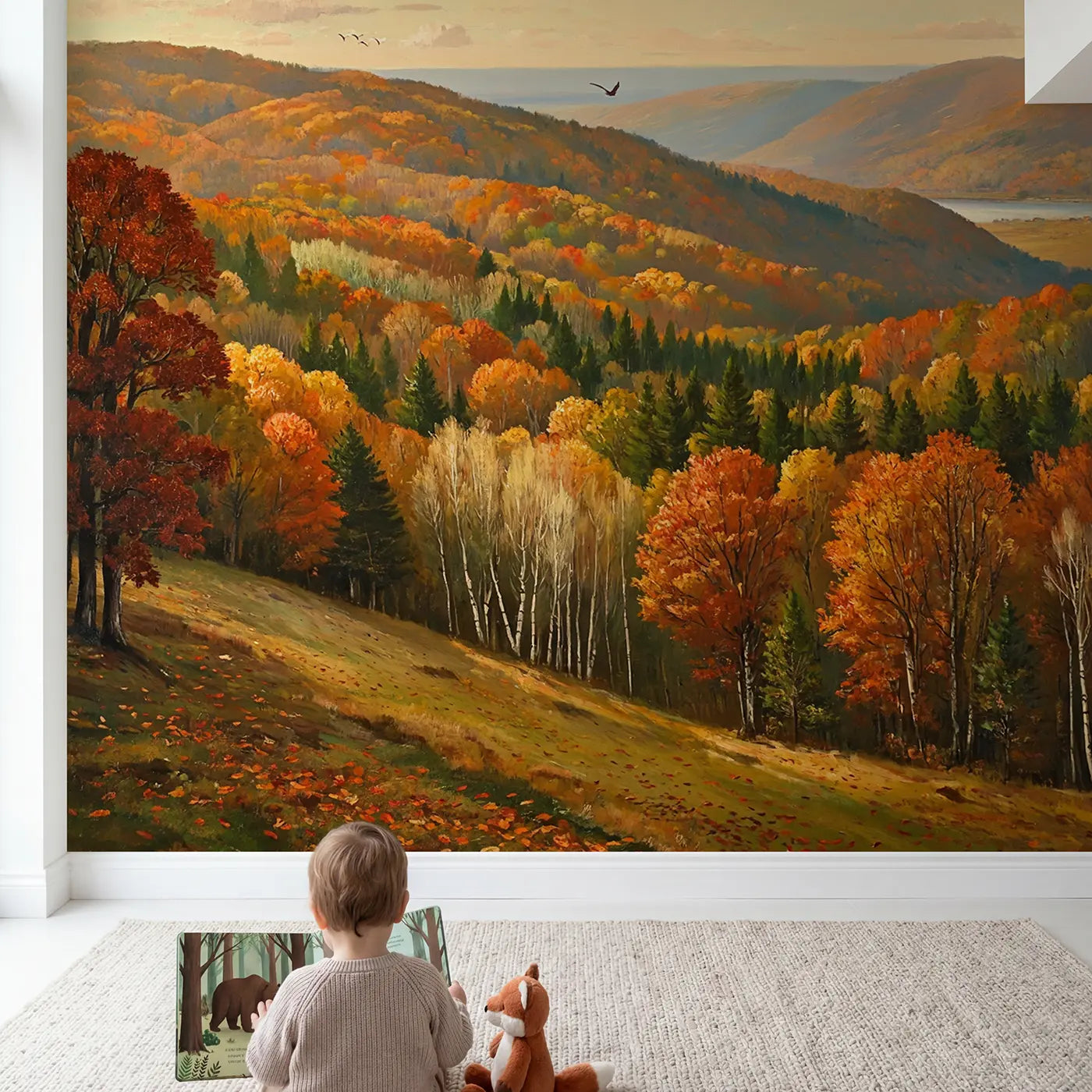 Child in nursery with Peak Autumn Forest Wallpaper Mural by Whimsy Tots