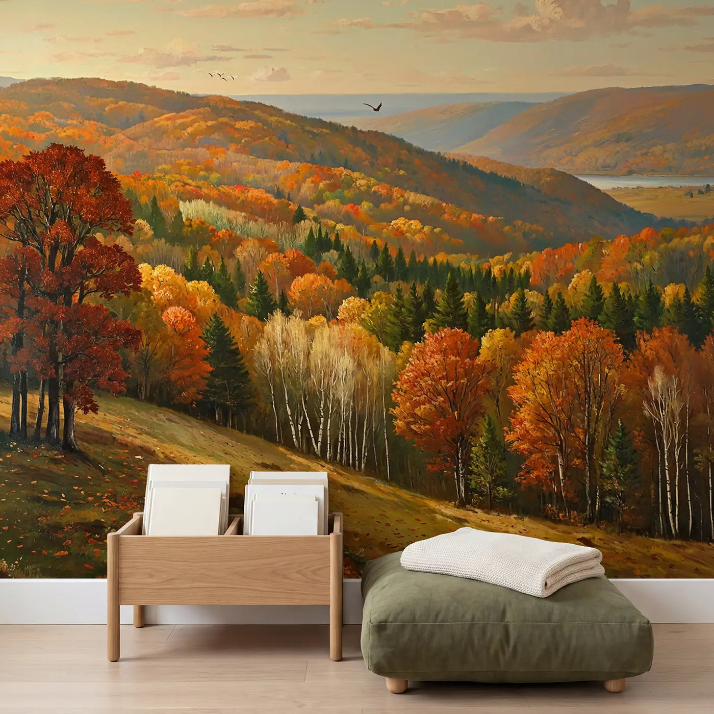 Peak Autumn Forest Wallpaper Mural in playroom setting by Whimsy Tots