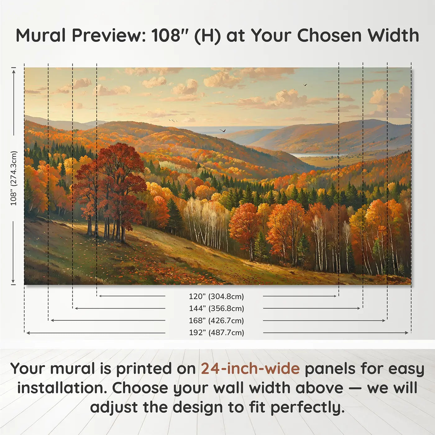 Panel layout and dimensions for Peak Autumn Forest Wallpaper Mural by Whimsy Tots