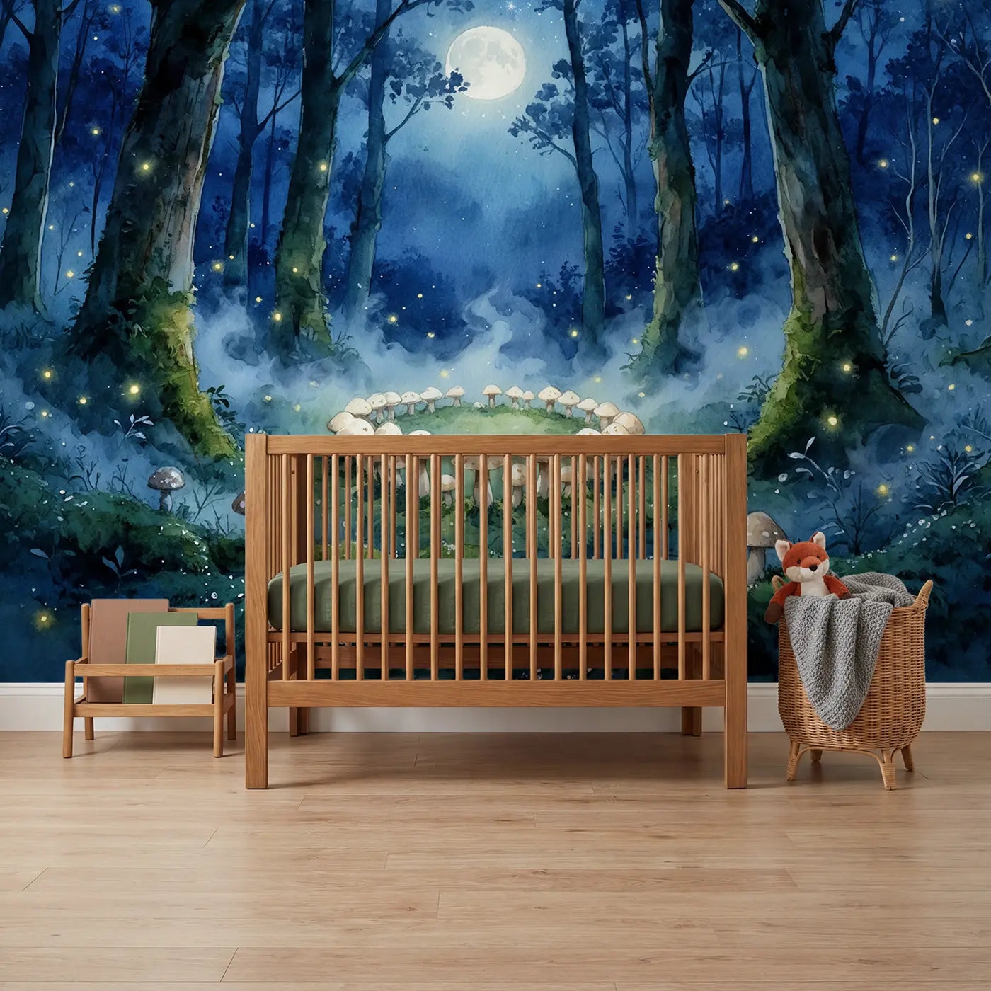 Watercolor moonlit fairy ring forest moss wallpaper mural for boys room by Whimsy Tots
