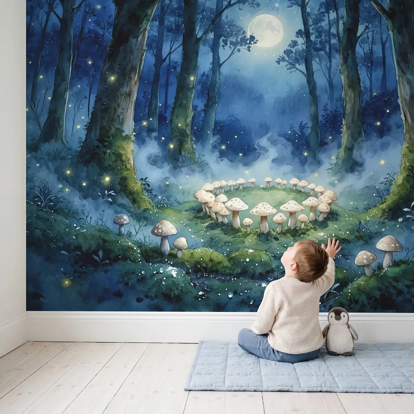 Child in nursery with Moonlit Fairy Ring Forest Wallpaper Mural by Whimsy Tots