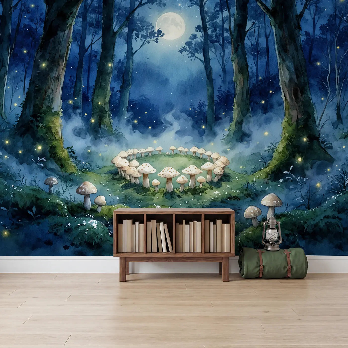 Moonlit Fairy Ring Forest Wallpaper Mural in playroom setting by Whimsy Tots