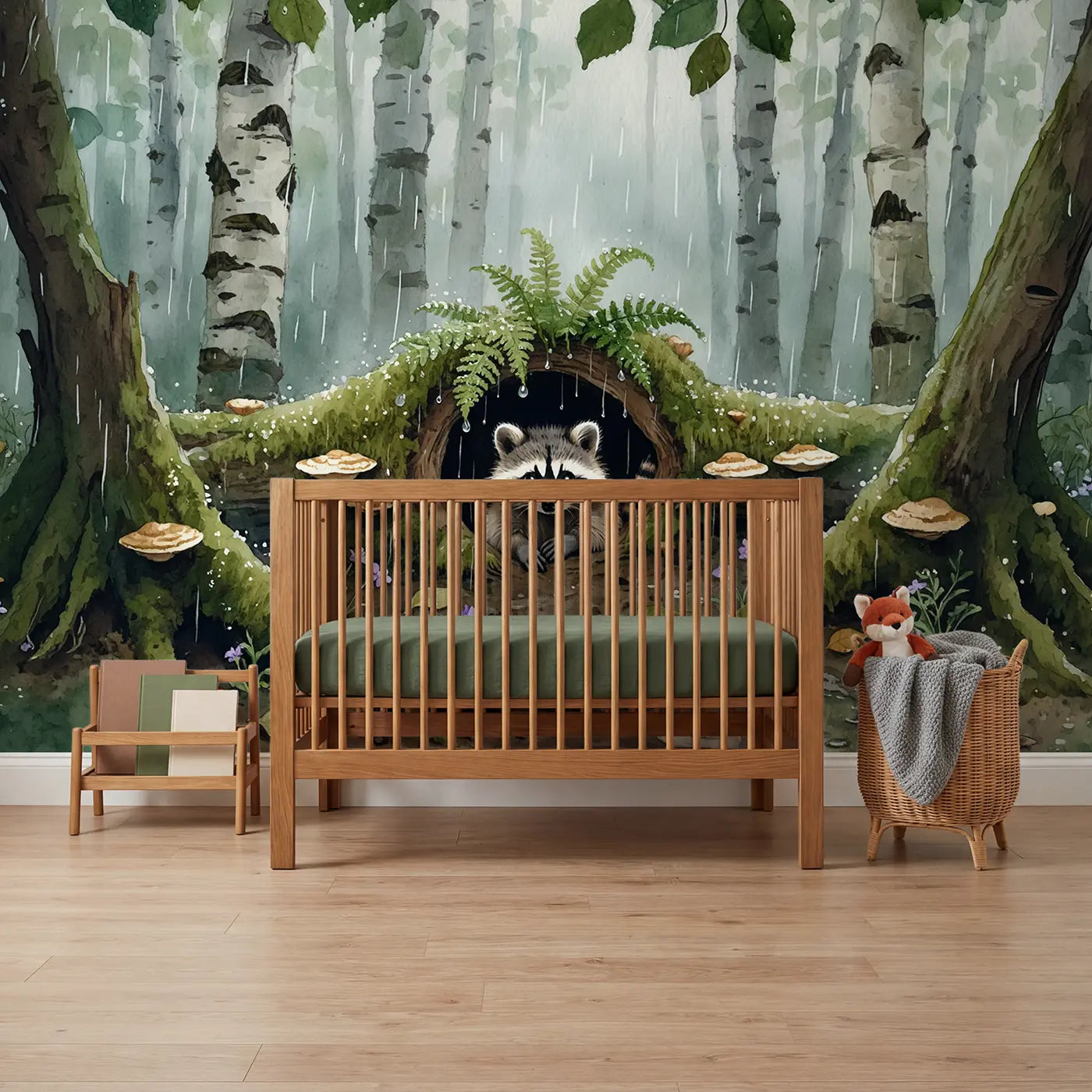 Watercolor rainy forest raccoon kit wallpaper mural for boys room by Whimsy Tots