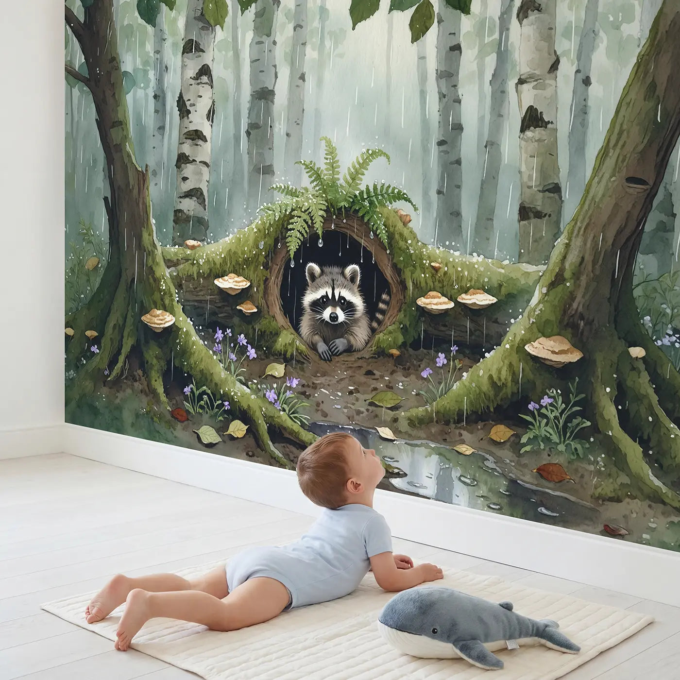Child in nursery with Rainy Forest Raccoon Kit Wallpaper Mural by Whimsy Tots