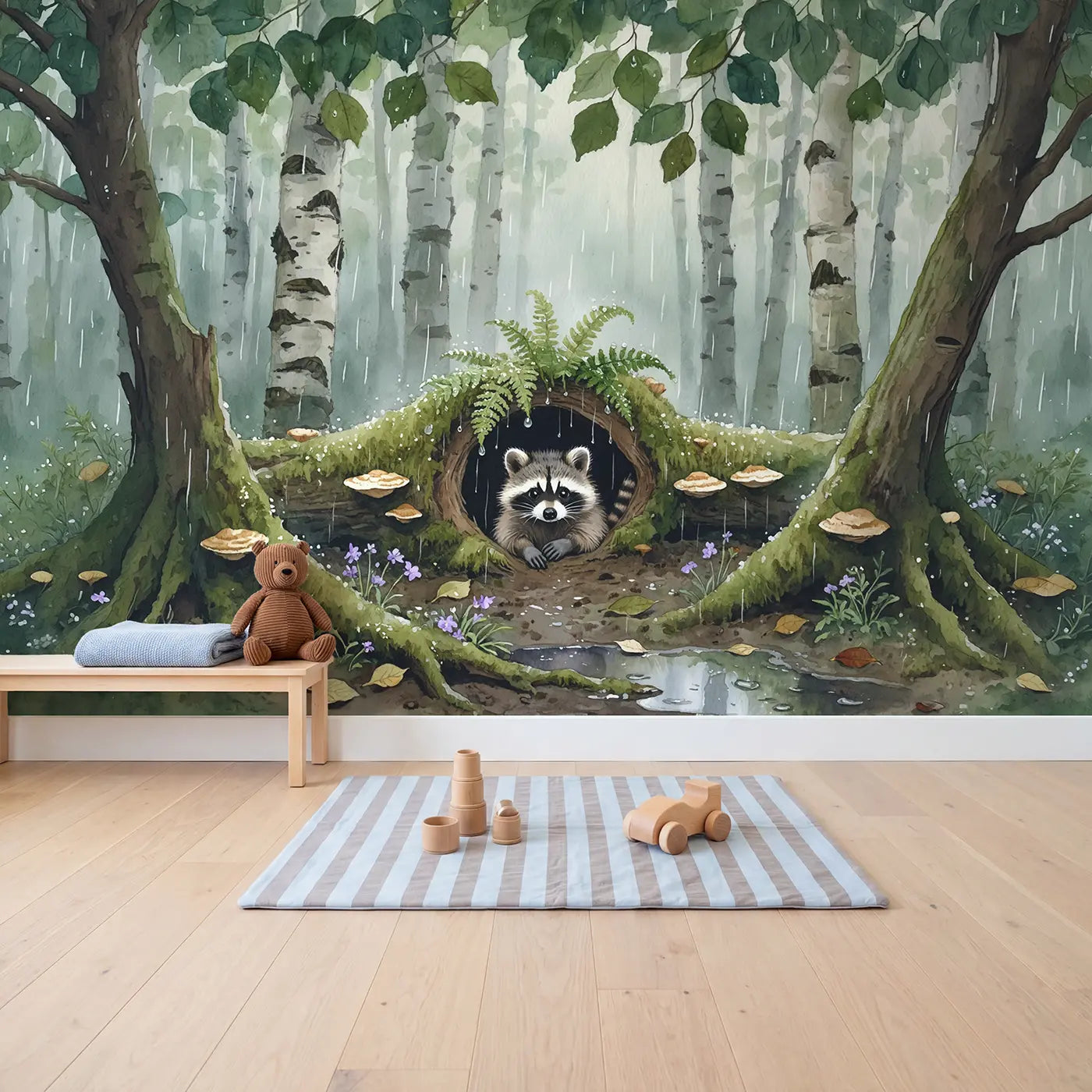Rainy Forest Raccoon Kit Wallpaper Mural in playroom setting by Whimsy Tots