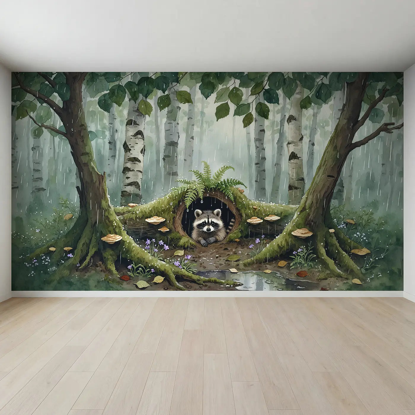 Full view of Rainy Forest Raccoon Kit Wallpaper Mural by Whimsy Tots