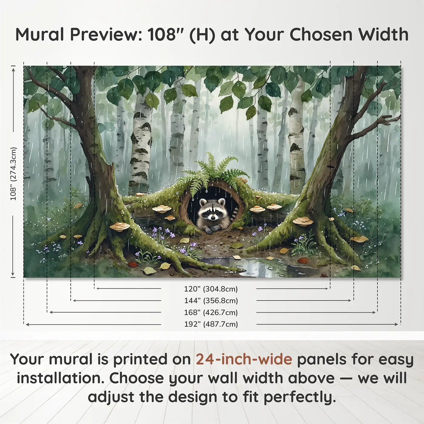 Panel layout and dimensions for Rainy Forest Raccoon Kit Wallpaper Mural by Whimsy Tots