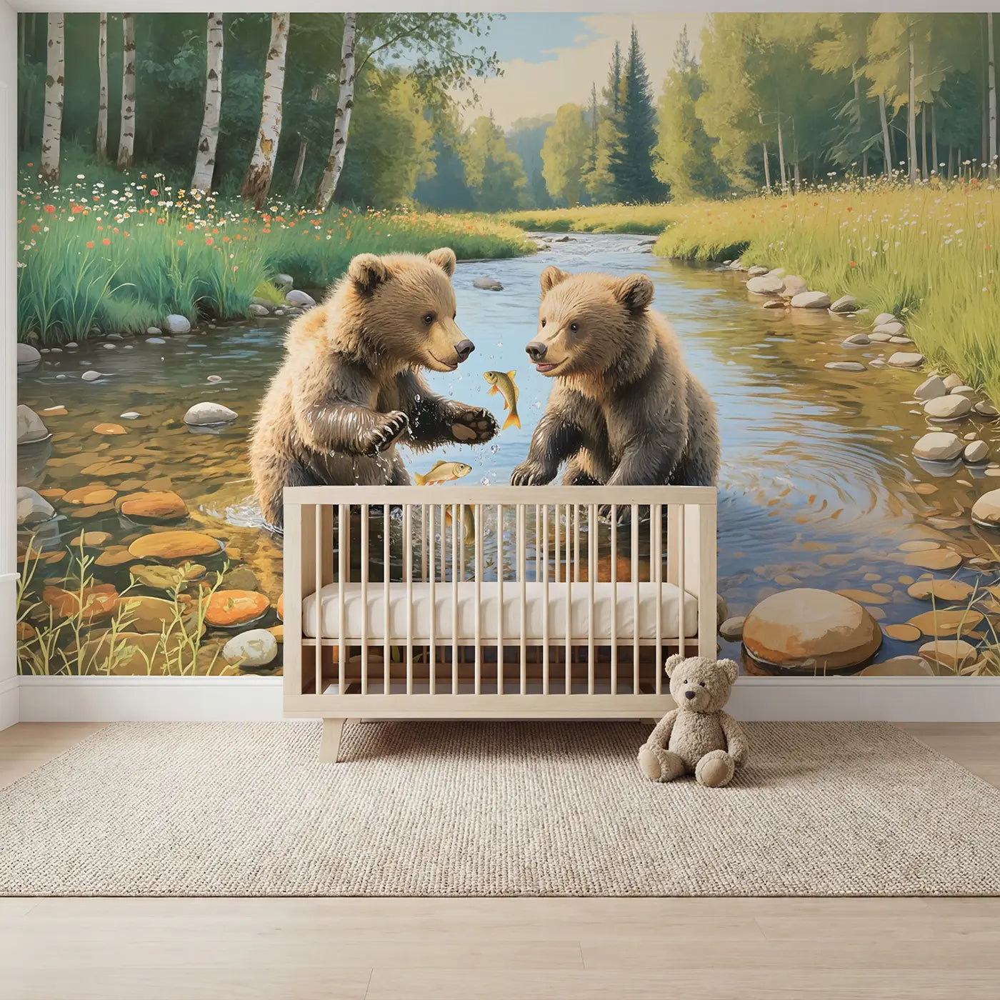 Soft Pastel bear cubs summer brook wallpaper mural for nursery by Whimsy Tots