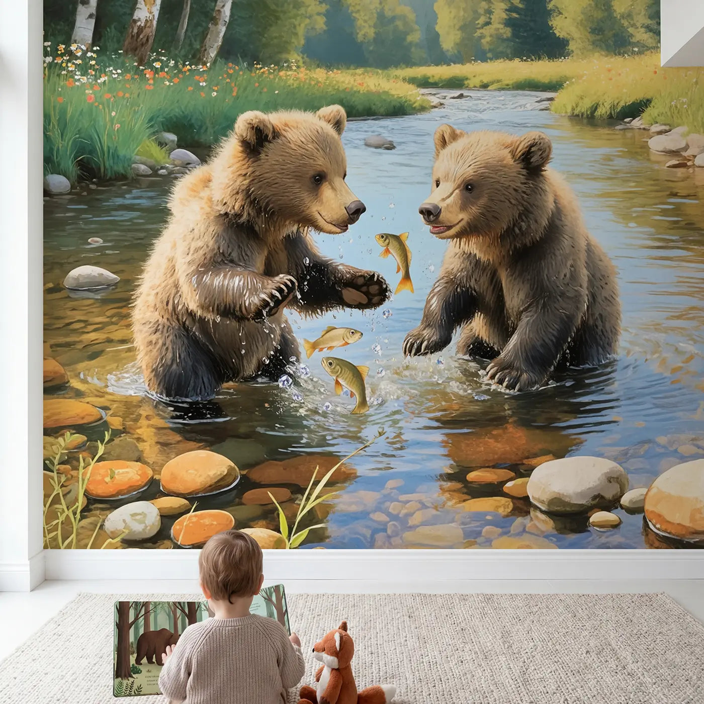 Child in nursery with Bear Cubs Summer Brook Wallpaper Mural by Whimsy Tots