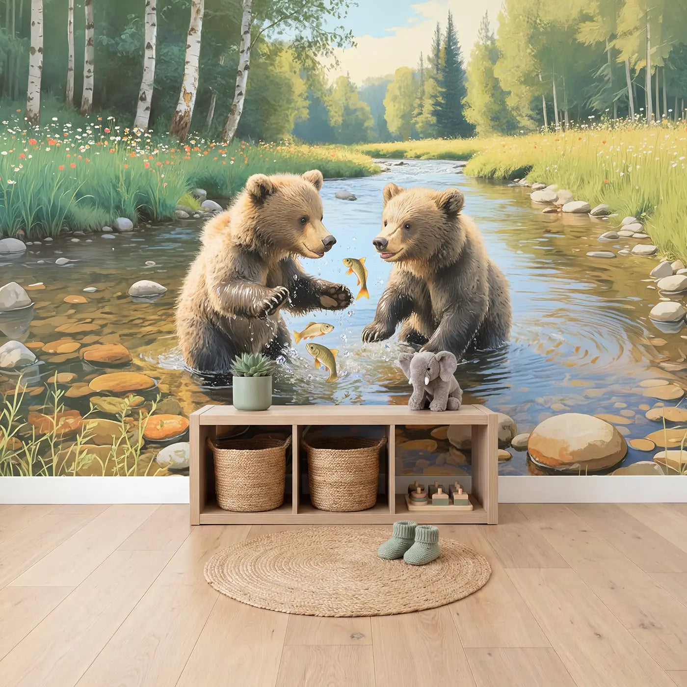 Bear Cubs Summer Brook Wallpaper Mural in playroom setting by Whimsy Tots