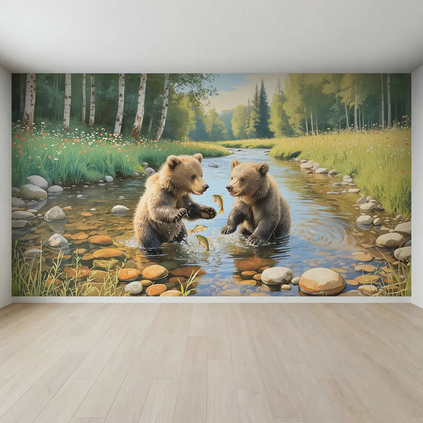 Full view of Bear Cubs Summer Brook Wallpaper Mural by Whimsy Tots