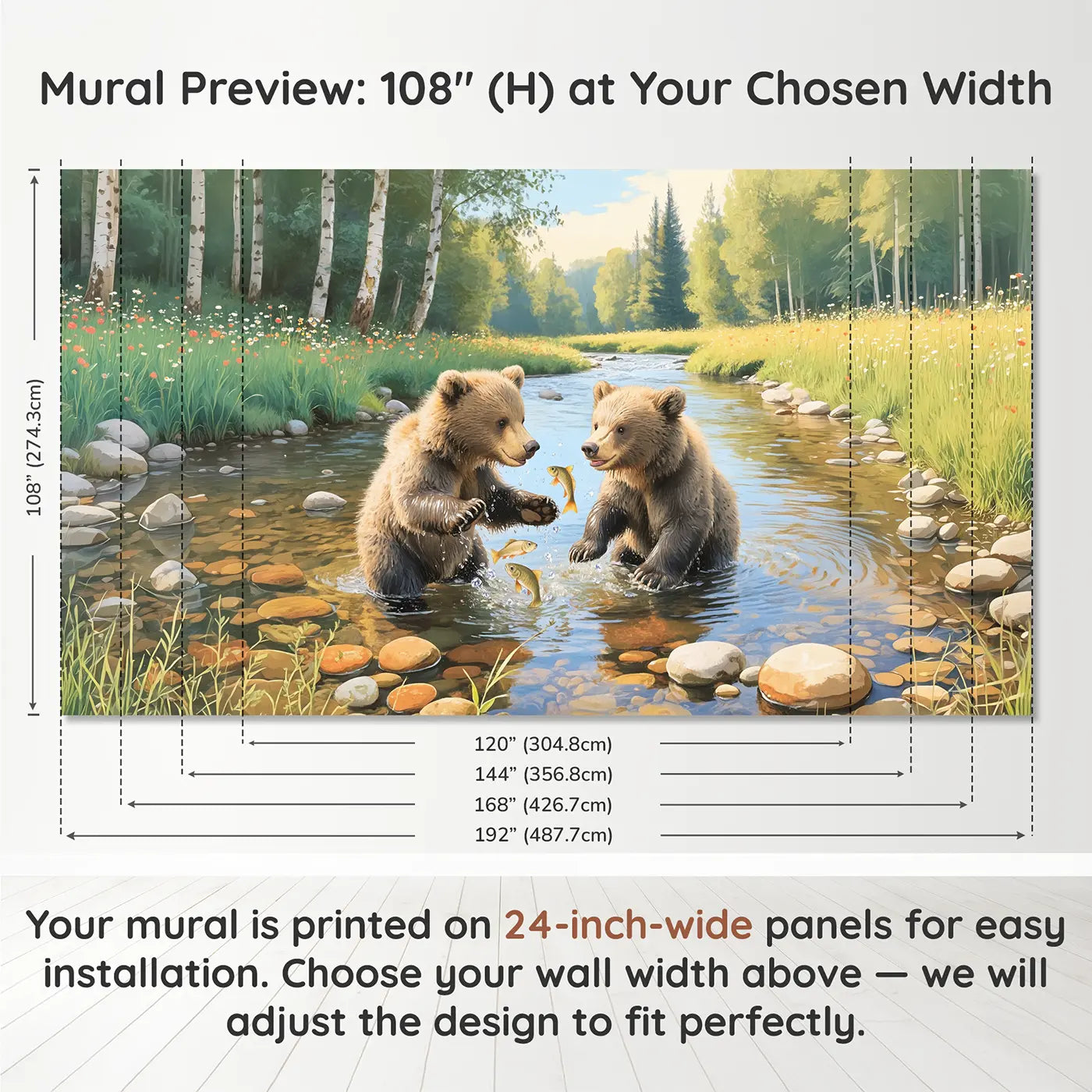 Panel layout and dimensions for Bear Cubs Summer Brook Wallpaper Mural by Whimsy Tots