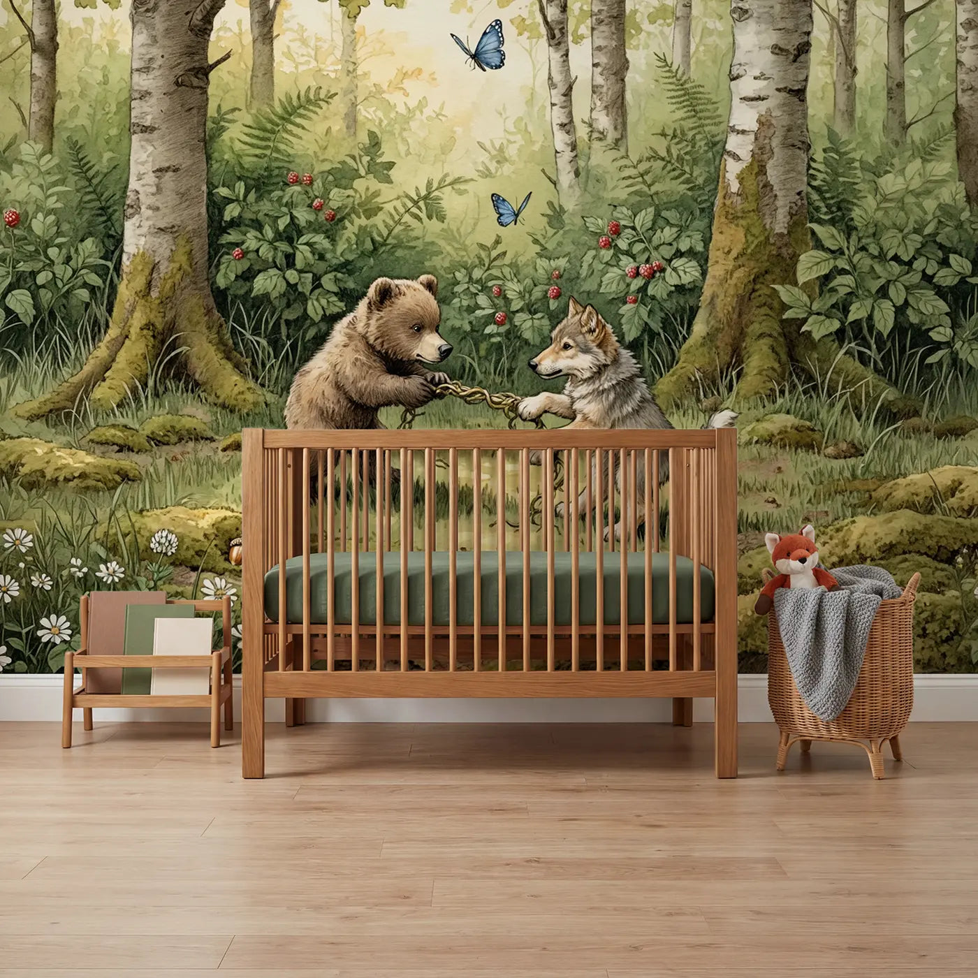 Storybook bear cubs in forest wallpaper mural for nursery by Whimsy Tots