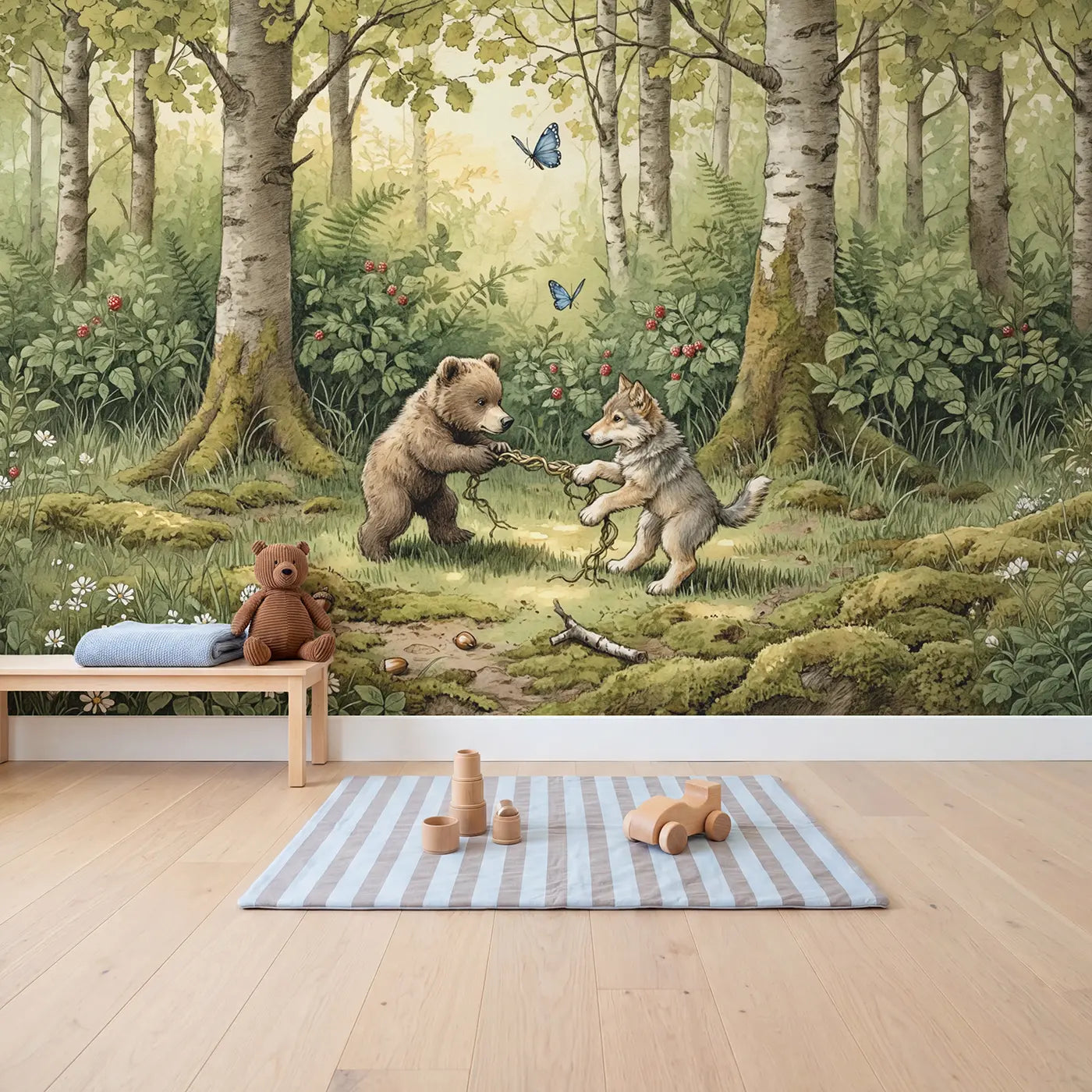Forest Cubs at Play Wallpaper Mural in playroom setting by Whimsy Tots