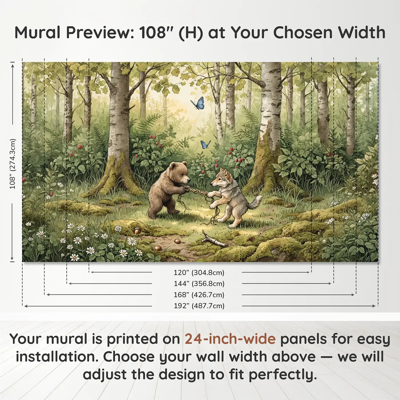 Panel layout and dimensions for Forest Cubs at Play Wallpaper Mural by Whimsy Tots
