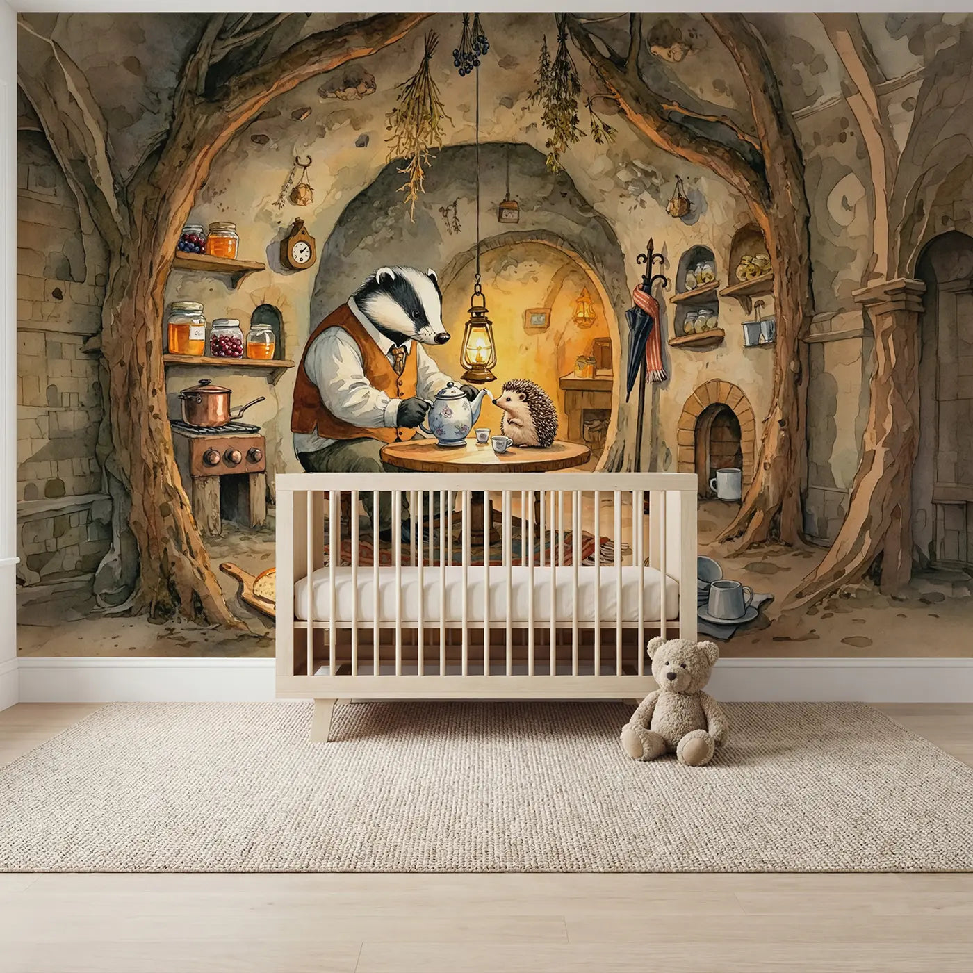 Watercolor badger and hedgehog wallpaper mural for kids room by Whimsy Tots