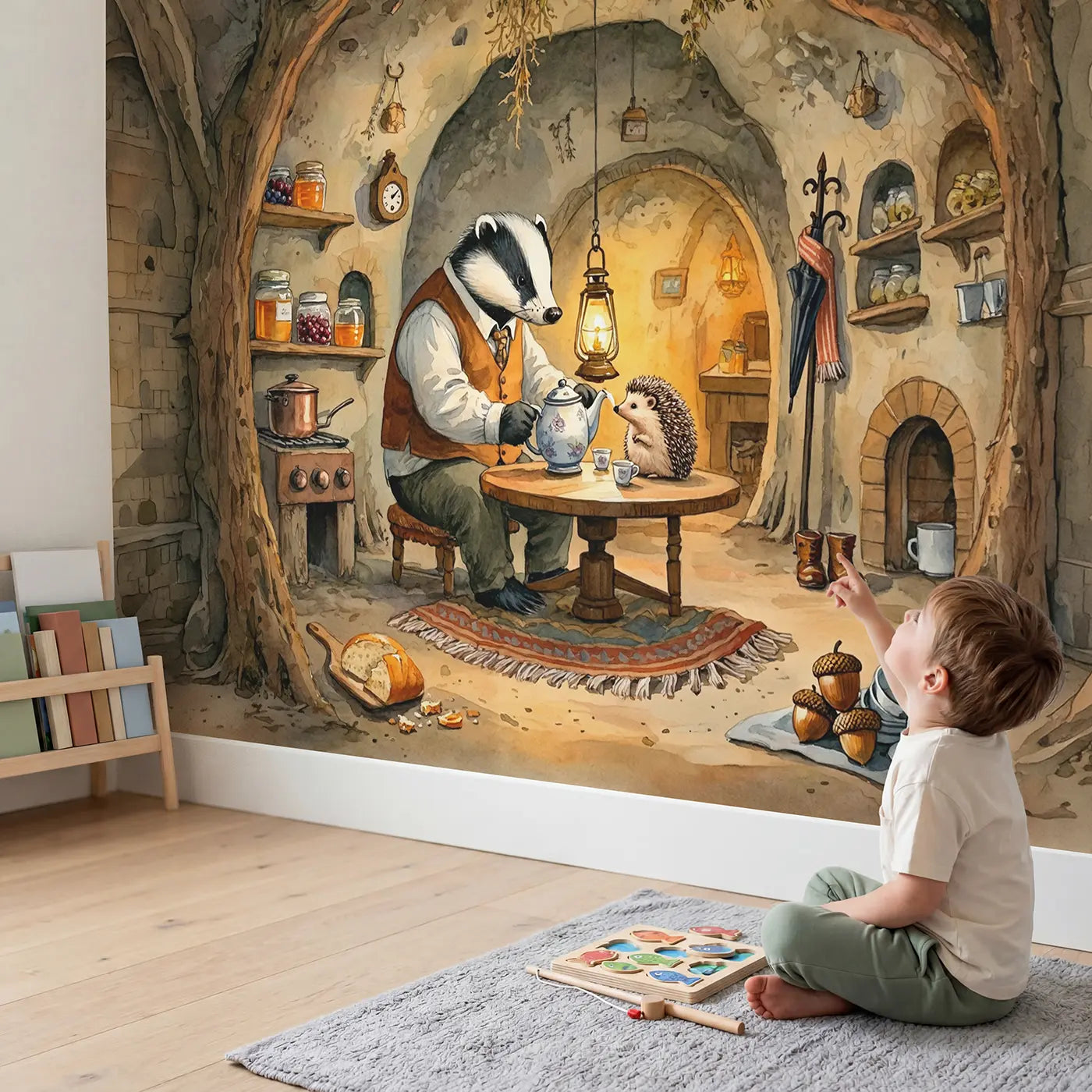 Child in nursery with Badger and Hedgehog Tea Burrow Wallpaper Mural by Whimsy Tots