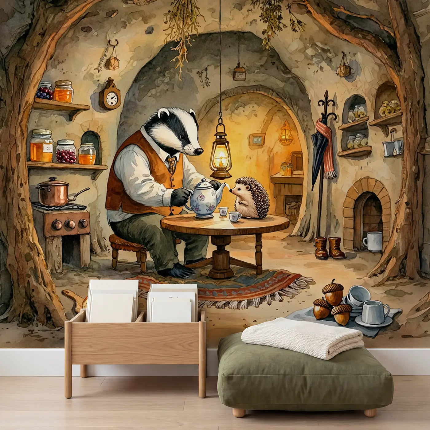 Badger and Hedgehog Tea Burrow Wallpaper Mural in playroom setting by Whimsy Tots