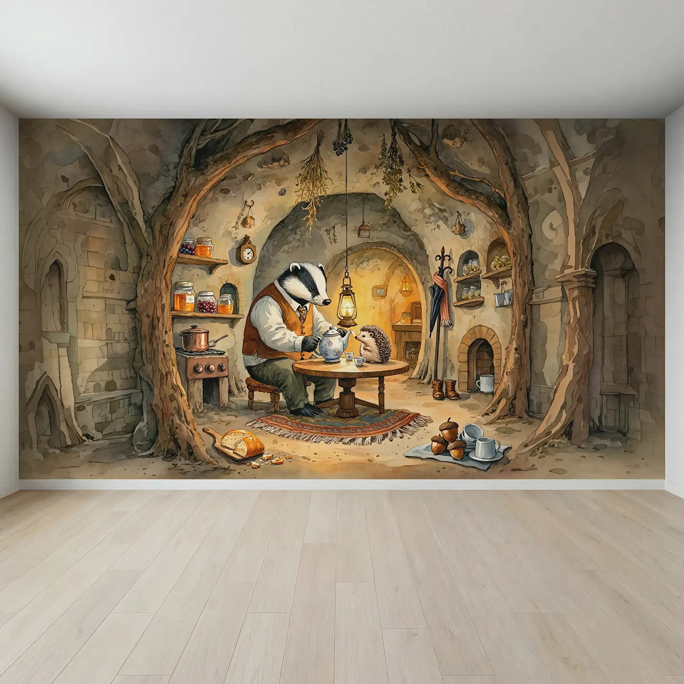 Full view of Badger and Hedgehog Tea Burrow Wallpaper Mural by Whimsy Tots