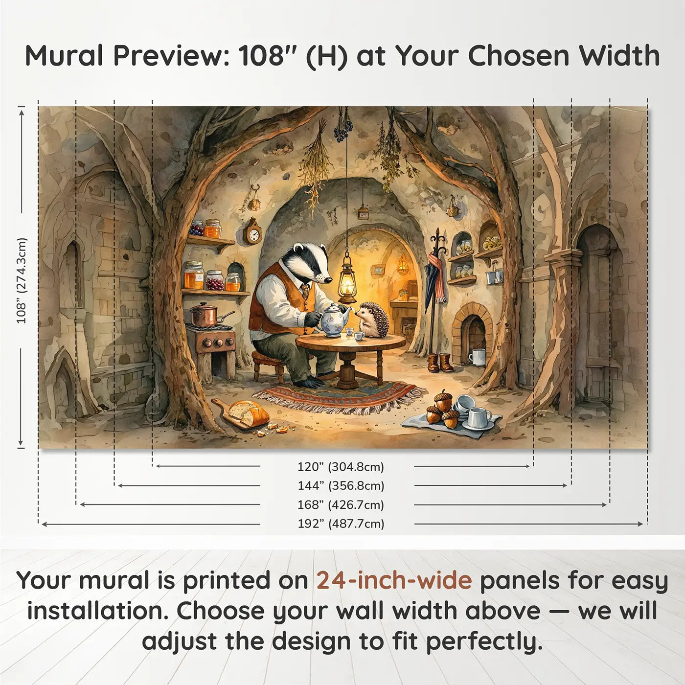 Panel layout and dimensions for Badger and Hedgehog Tea Burrow Wallpaper Mural by Whimsy Tots