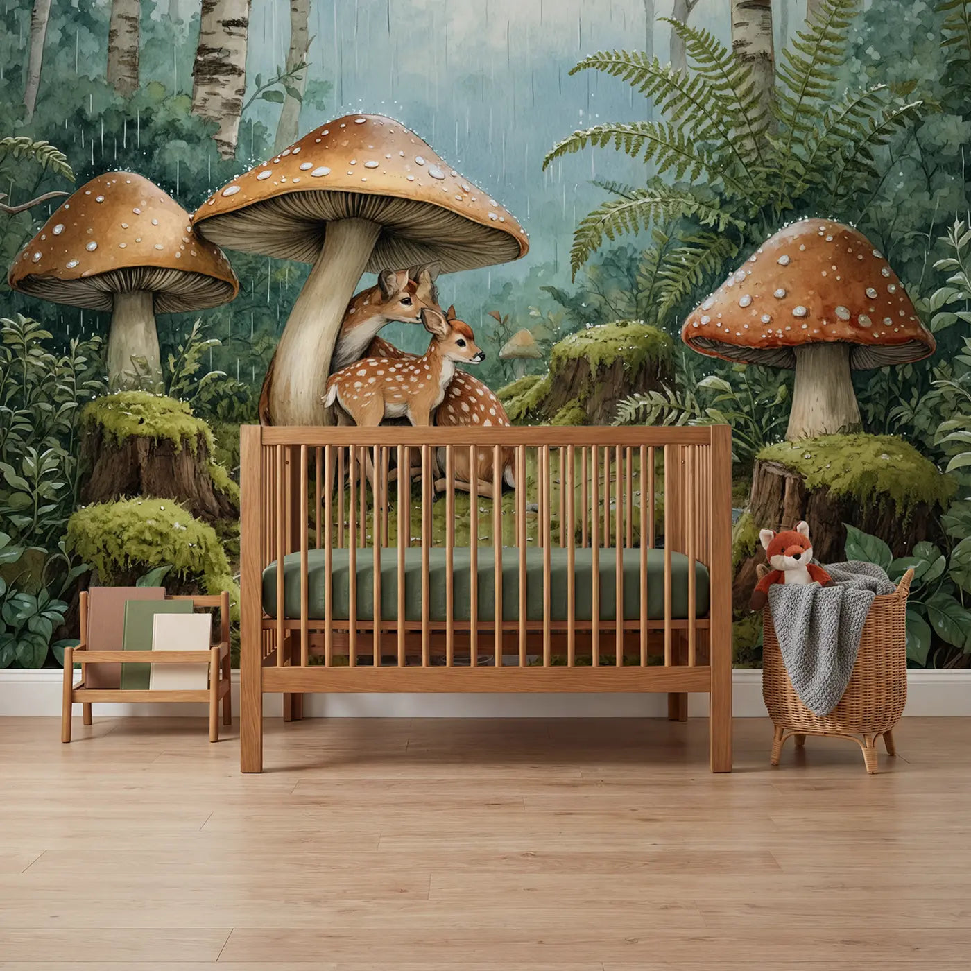 Storybook deer mushroom glade rain wallpaper mural for nursery by Whimsy Tots