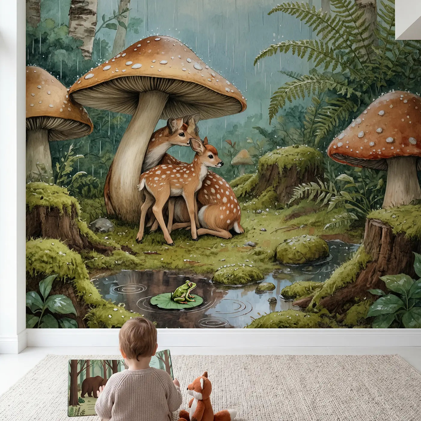 Child in nursery with Rainy Mushroom Glade Deer Wallpaper Mural by Whimsy Tots