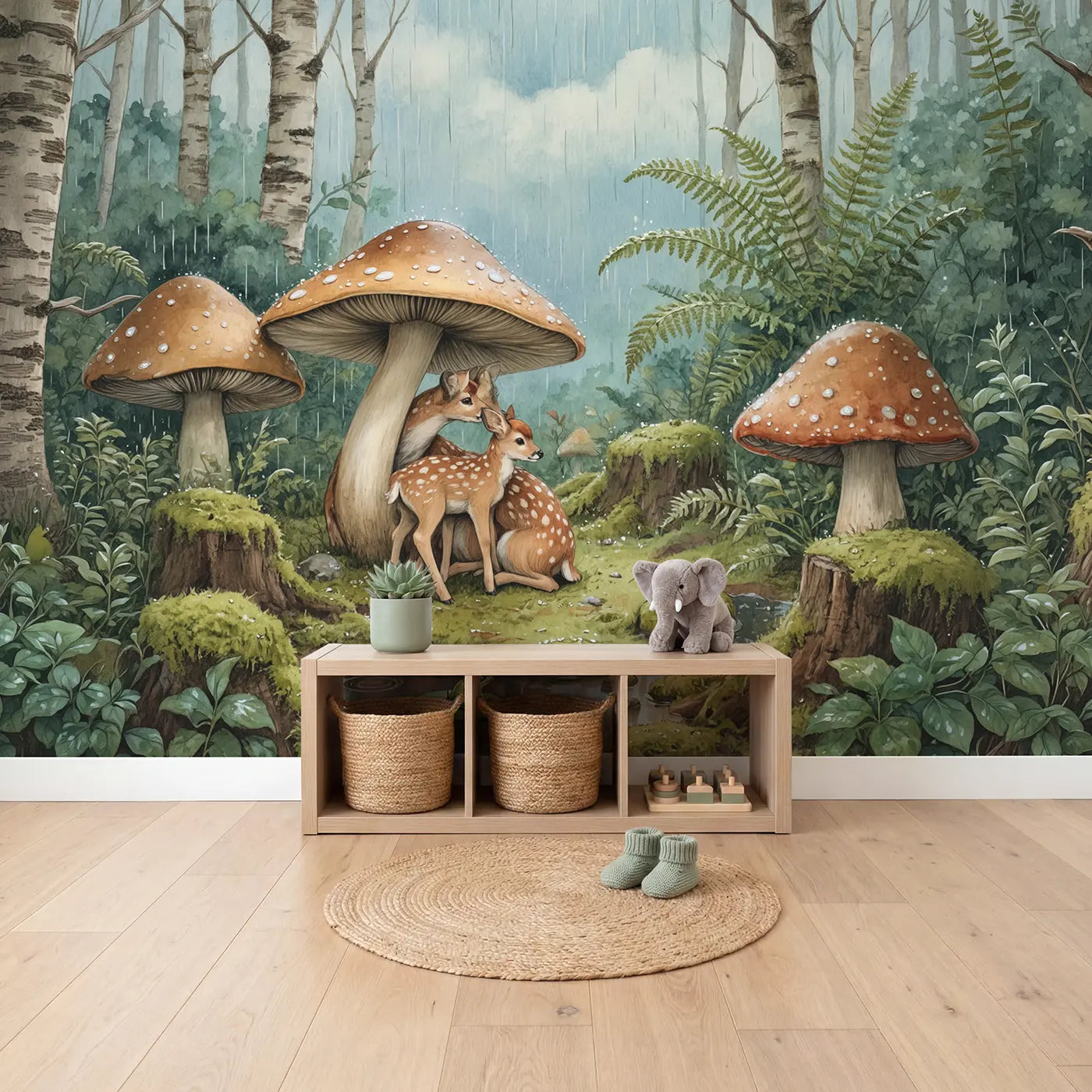 Rainy Mushroom Glade Deer Wallpaper Mural in playroom setting by Whimsy Tots