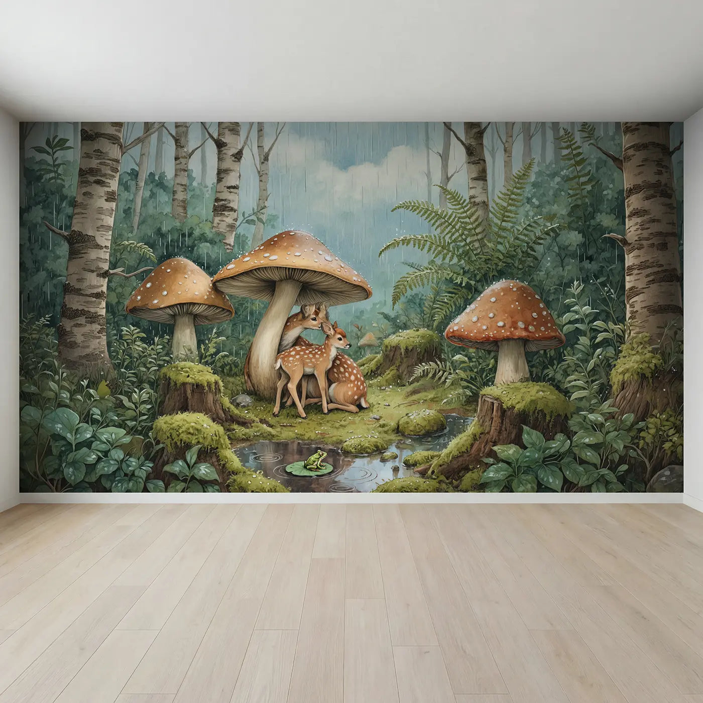 Full view of Rainy Mushroom Glade Deer Wallpaper Mural by Whimsy Tots