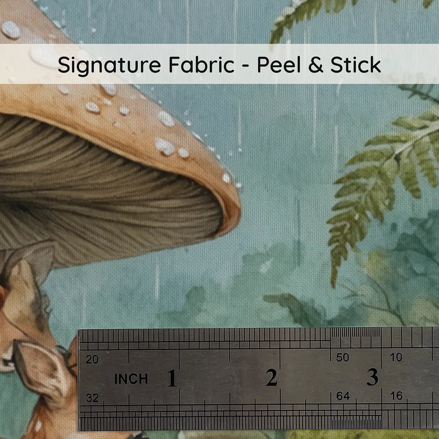 Fabric texture close-up of Rainy Mushroom Glade Deer Wallpaper Mural by Whimsy Tots