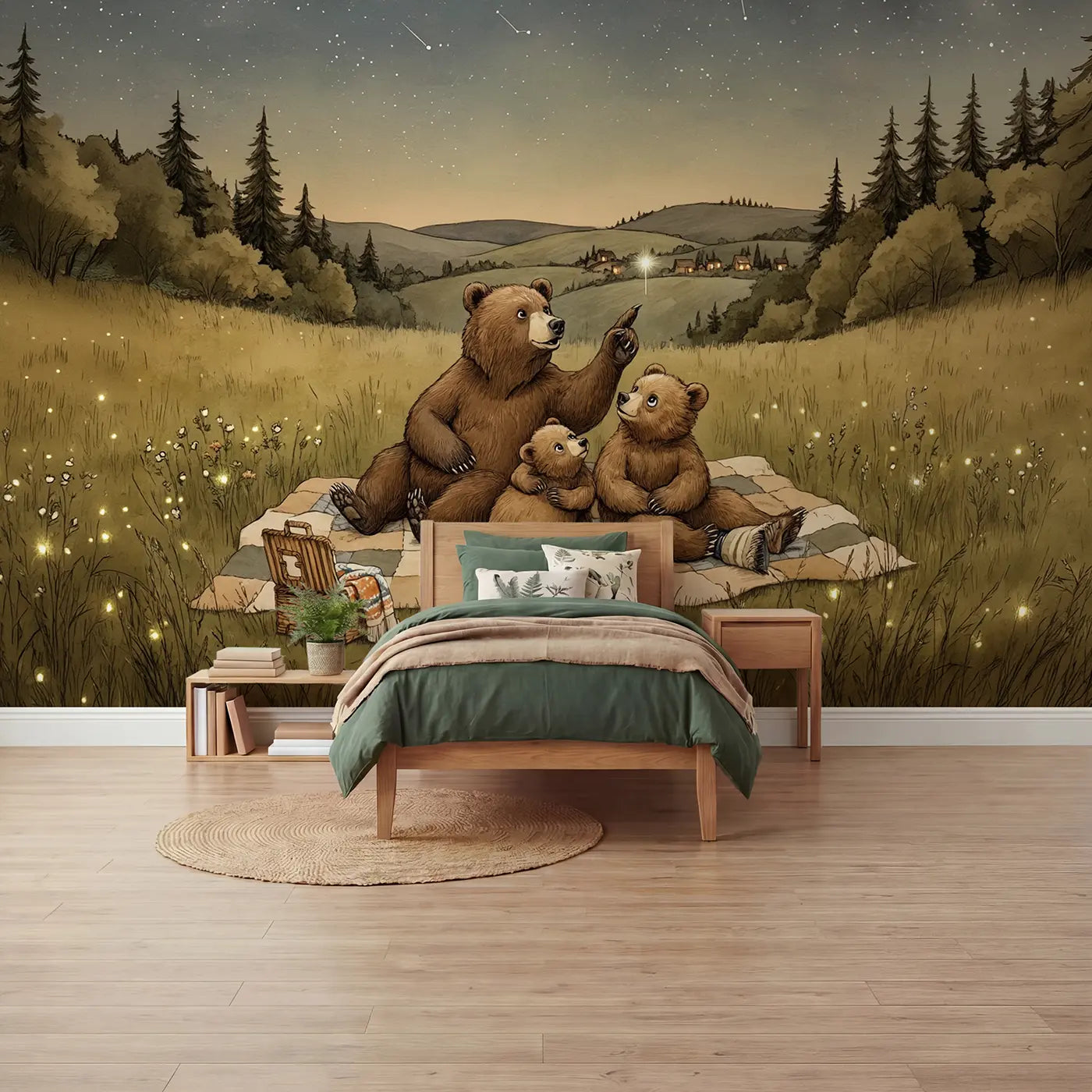 Storybook bear family stargazing meadow wallpaper mural for kids room by Whimsy Tots