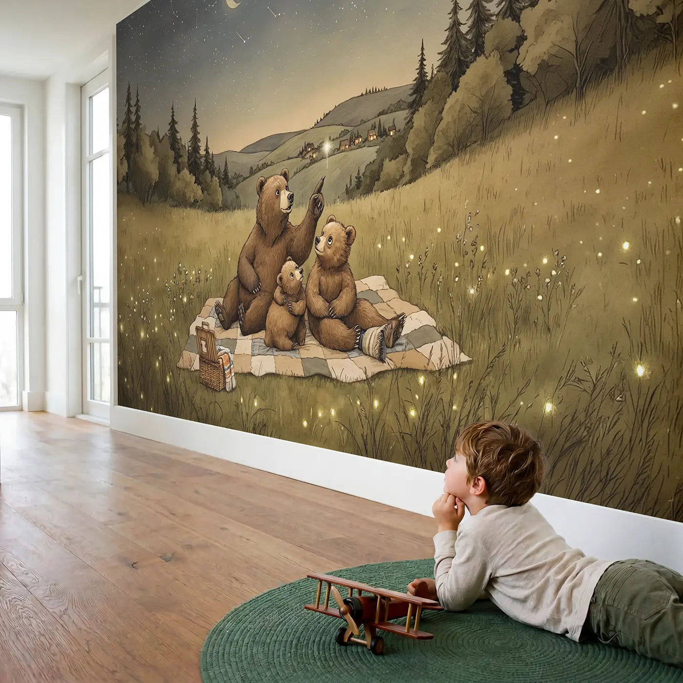 Child in nursery with Bear Family Stargazing Meadow Wallpaper Mural by Whimsy Tots