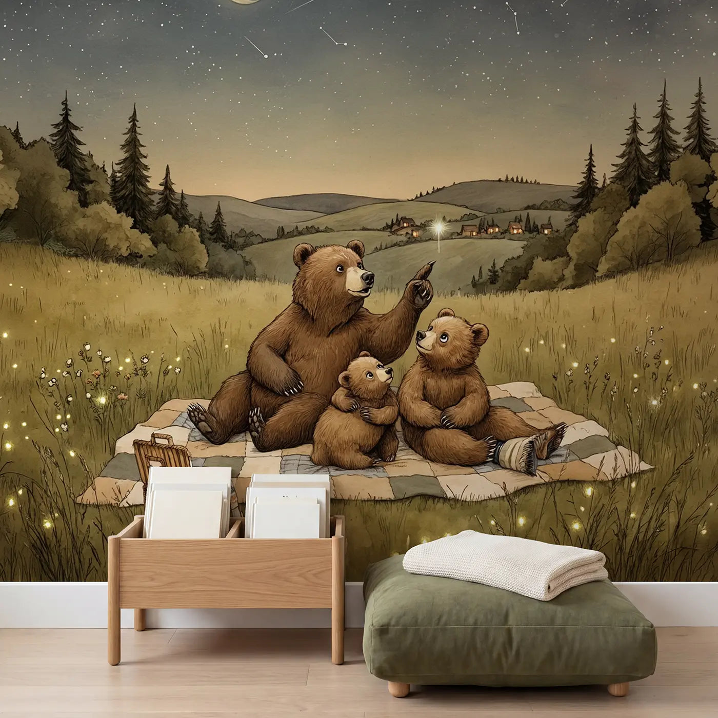 Bear Family Stargazing Meadow Wallpaper Mural in playroom setting by Whimsy Tots