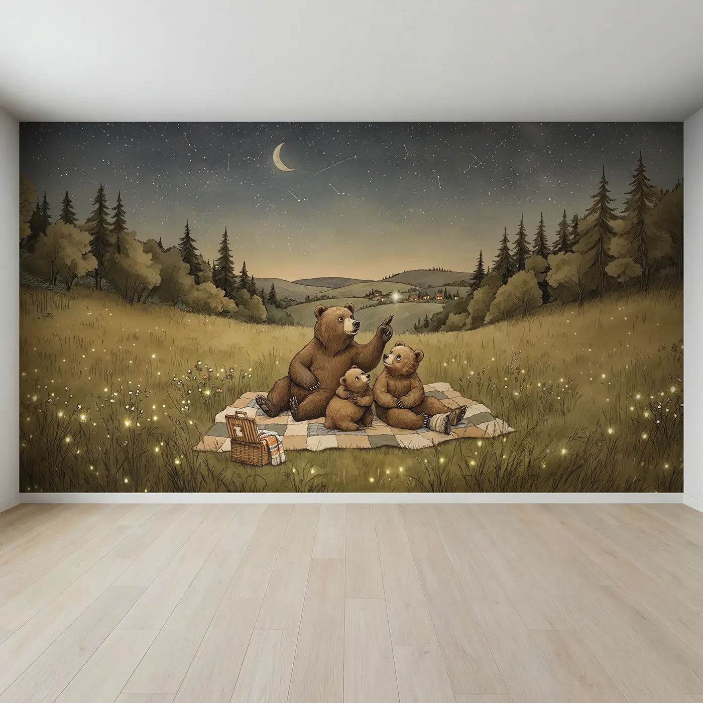 Full view of Bear Family Stargazing Meadow Wallpaper Mural by Whimsy Tots