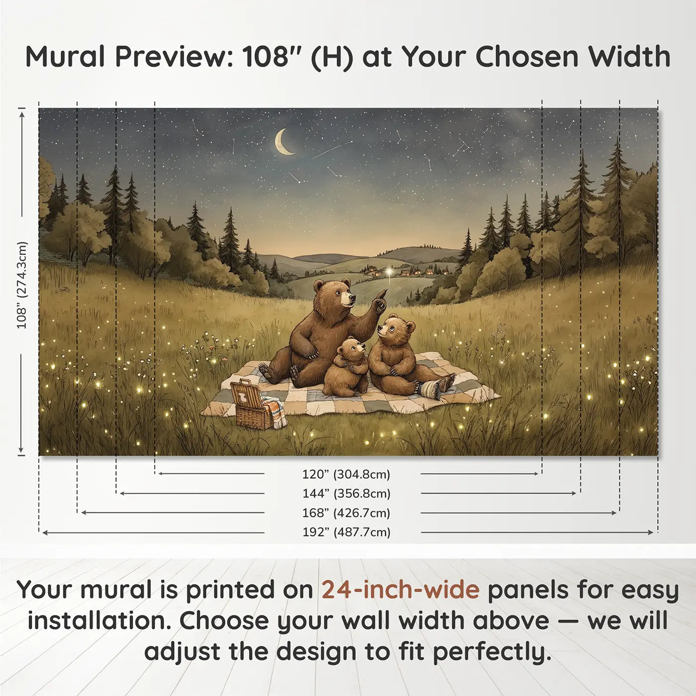 Panel layout and dimensions for Bear Family Stargazing Meadow Wallpaper Mural by Whimsy Tots