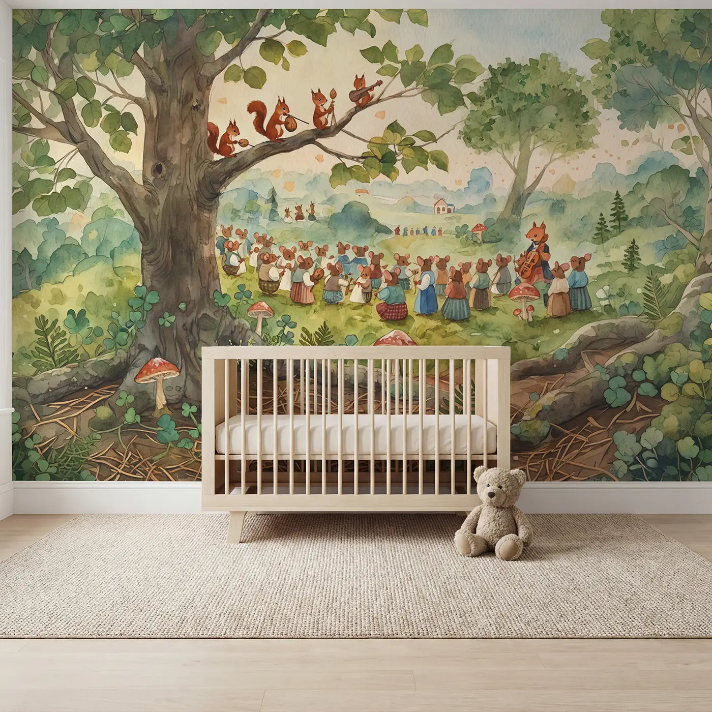 Watercolor squirrel orchestra forest wallpaper mural for nursery by Whimsy Tots