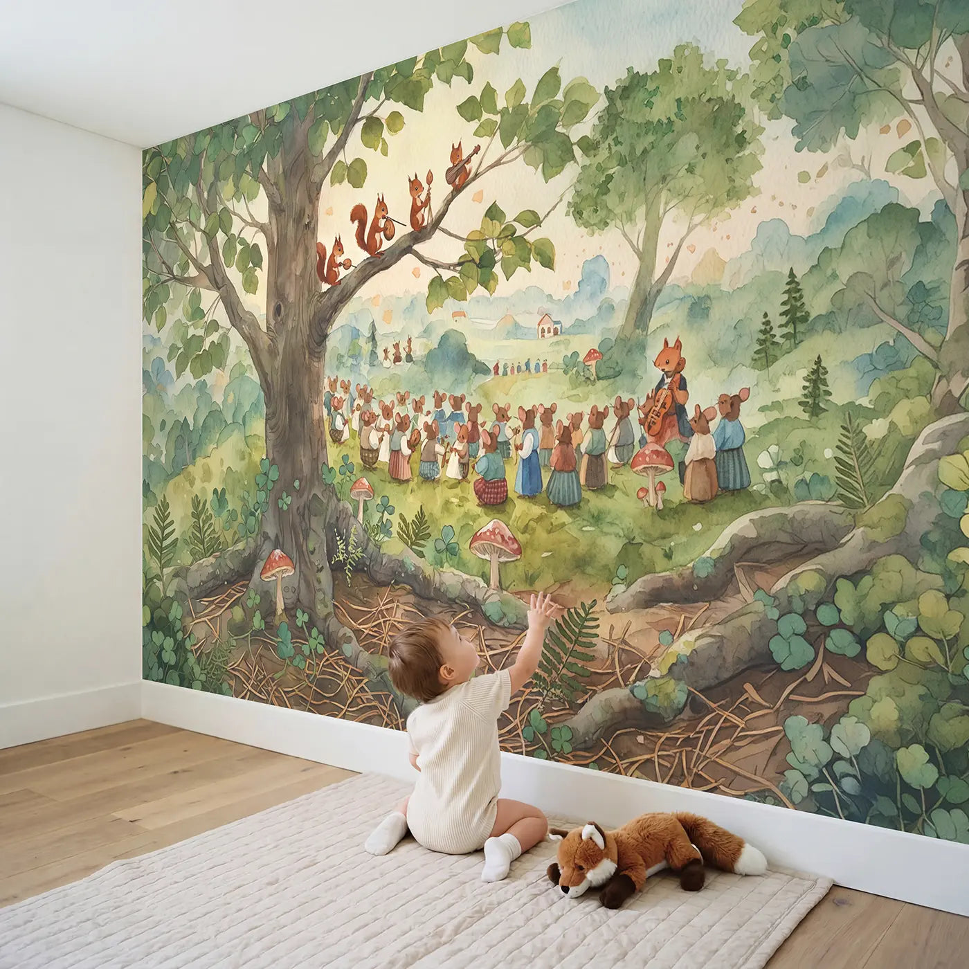 Child in nursery with Squirrel Orchestra Branches Playing Wallpaper Mural by Whimsy Tots